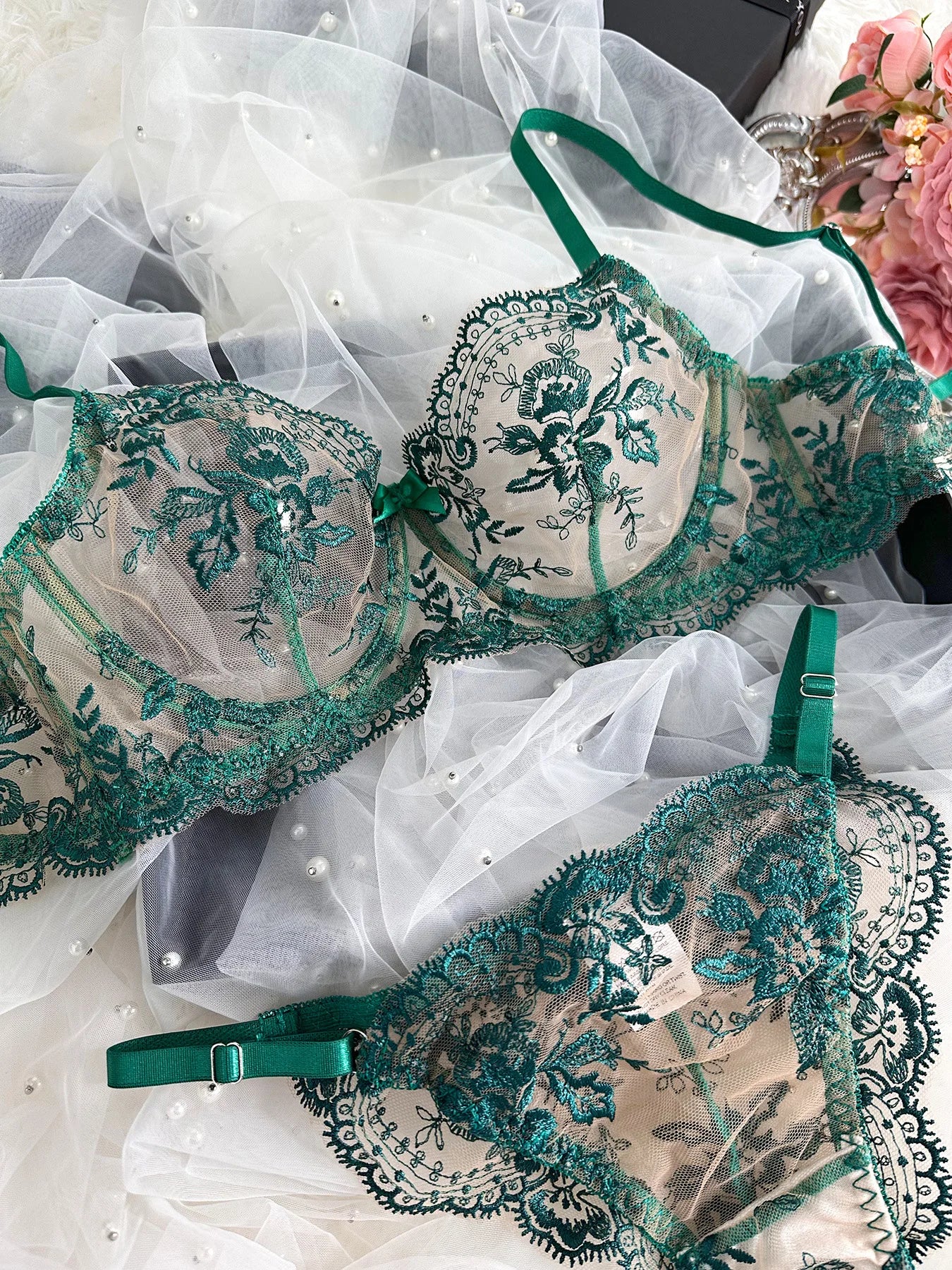 Echonight Fancy Lingerie Lace Embroidery Fairy Seamless Tulle Underwear See Through Exotic Sets Floral Beautiful Bilizna Set