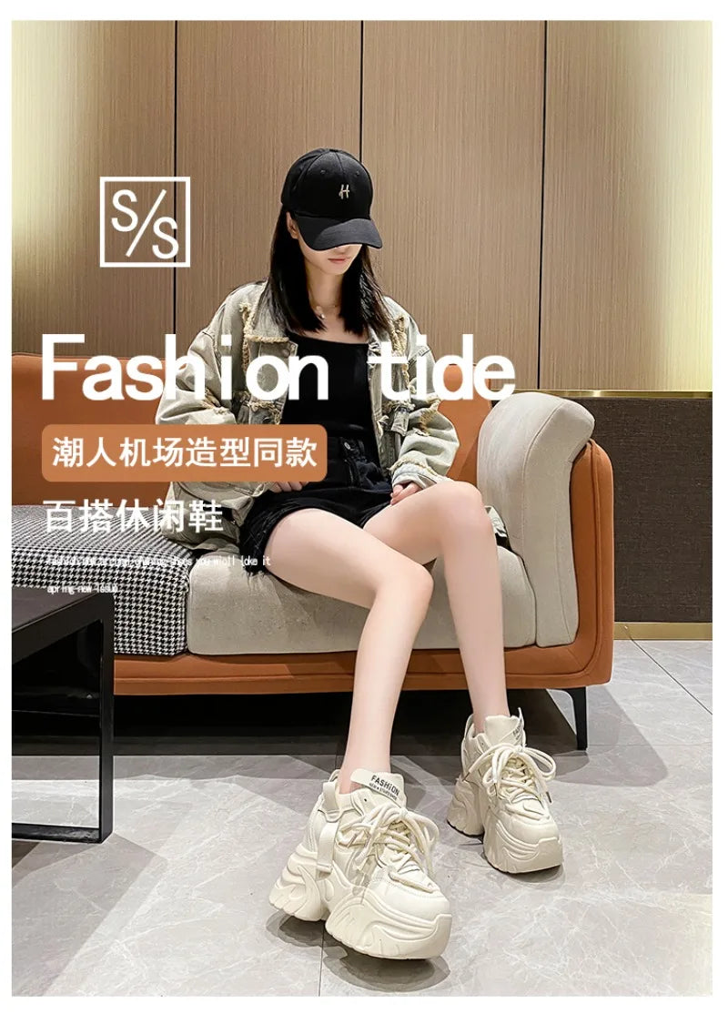 Women Walking Sneakers Autumn Lace-up High Platform Chunky Shoes Breathable Leather Shoes 10.5CM Winter Wedge Heels Casual Shoes