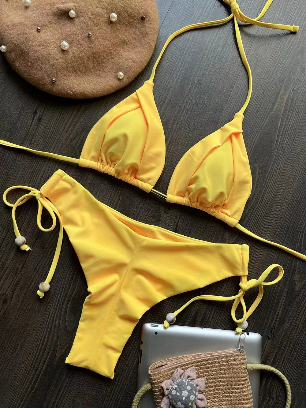 Set bikini pentru femei 2025 - costum de baie triunghiular cu halter brazilian, push-up, lanț metalic