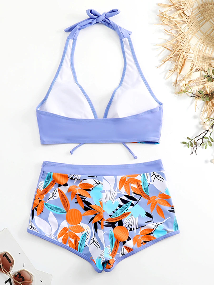 Halter Bikini Set Kurzer Schwimmanzug Frauen High Waist Bedruckte Bademode