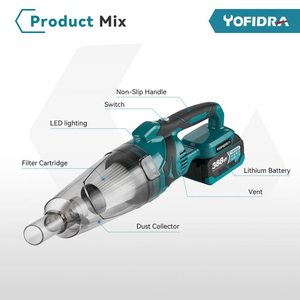 YOFIDRA 1500W Elektrischer Staubsauger - Kabellos Multifunktion Handheld Reinigung Schnee Staub für 21V 18V Akku