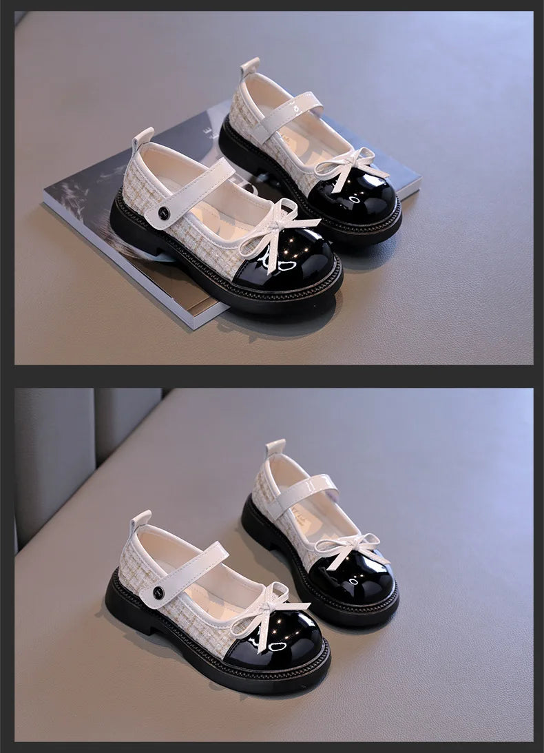 Mädchen Leder Schuhe Mode Schleife - Rutschfest Weiche Sohle Neue 2025 Herbst - Kariert PU Leder Outdoor Kinder Casual Flats