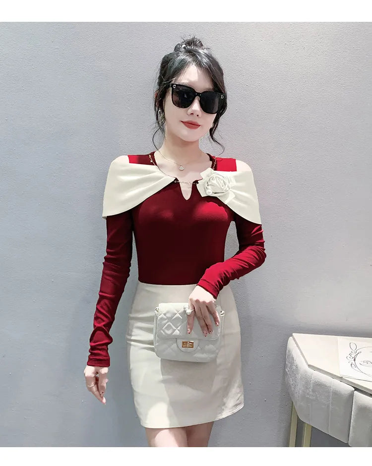 Women T-shirt Fashion T Shirt Cotton Slim Tee For Ladies Autumn Clothing New Long Sleeve Beading V-Neck Tops