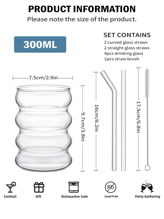 Leeseph 4Pcs Creative Glass Cups Coffee Mug Vintage Drinking Glasses Ribbed Glassware Aesthetic Cups with Straws Set - Golden Bridge Store