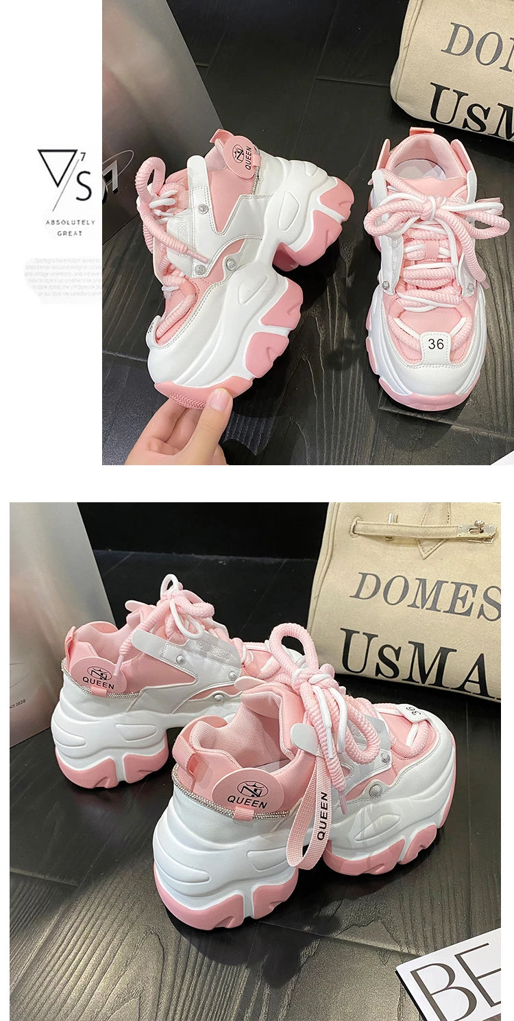 White Chunky Sneakers Women New Autumn Hidden Heel Platform Sports Dad Shoes Woman Lace Up Breathable Mesh Casual Shoes 9.5CM