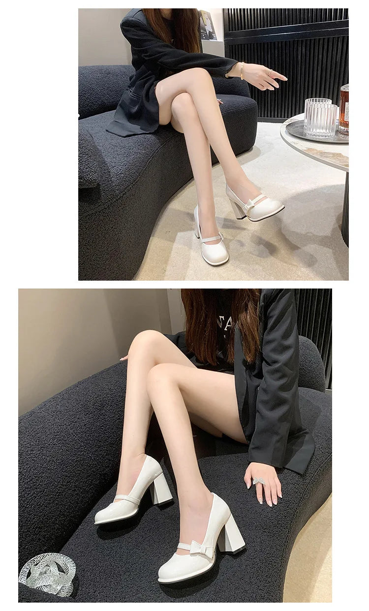Elegant Heel Shoes Ladies 8cm High Heel Bowknot Solid Mary Jane Zapatos Adult Dress Pink White Black Cosplay Footwear