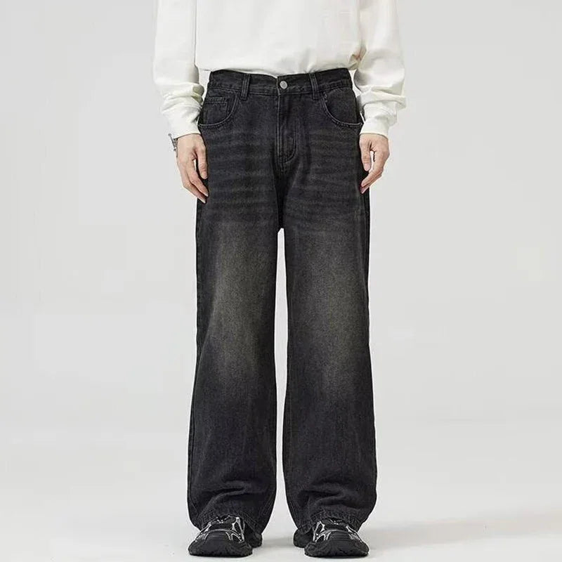 Male Classic America Hip Hop Rap Jeans Wide Leg Youth Popular Jeans Men Straight Leg Retro Loose Trousers Oversized Denim Pants - Golden Bridge Store