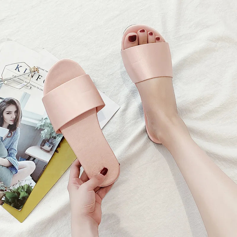 Women Beach Slippers 2024 Summer Flat Shoes Woman Slip On Slides Silk Style Female Slip On Sandals Girls Indoor Outdoor Slippers
