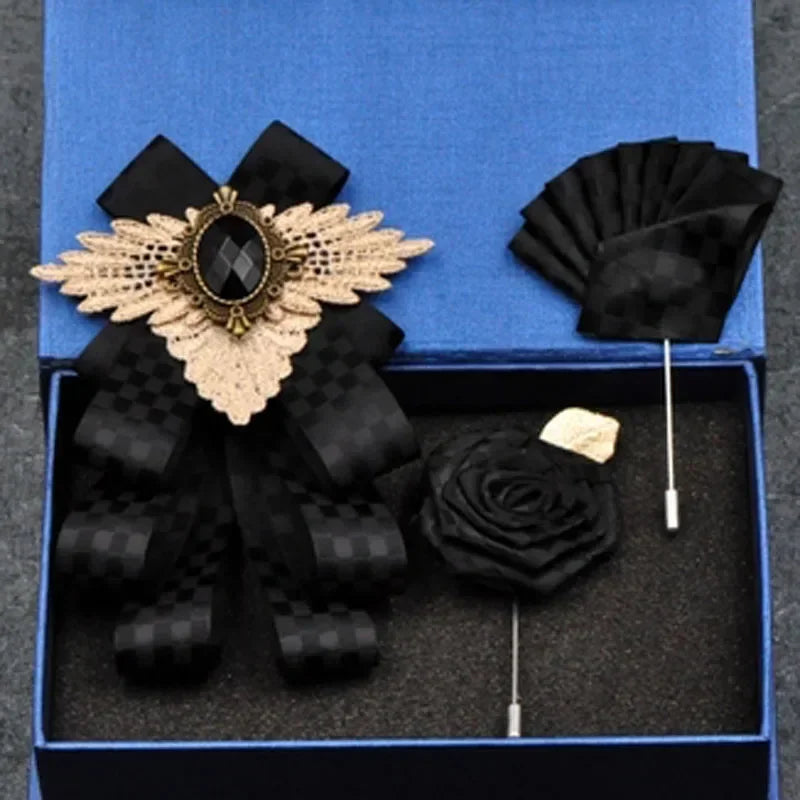 Set de nuntă 2025: Noua modă britanică pentru bărbați, performanță de nuntă pentru mire - Set de accesorii pentru bărbați cu papion, guler floral și buzunar, pentru petrecere de nuntă