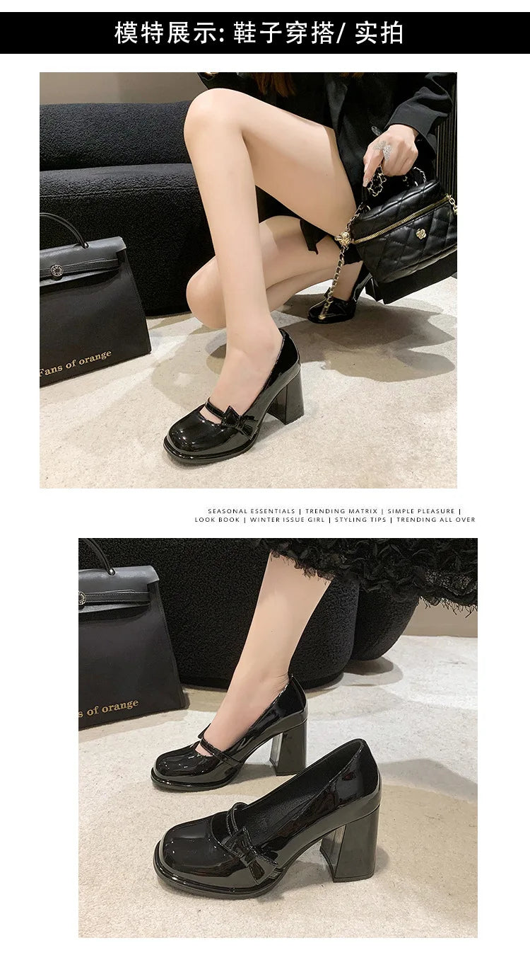 Elegant Heel Shoes Ladies 8cm High Heel Bowknot Solid Mary Jane Zapatos Adult Dress Pink White Black Cosplay Footwear
