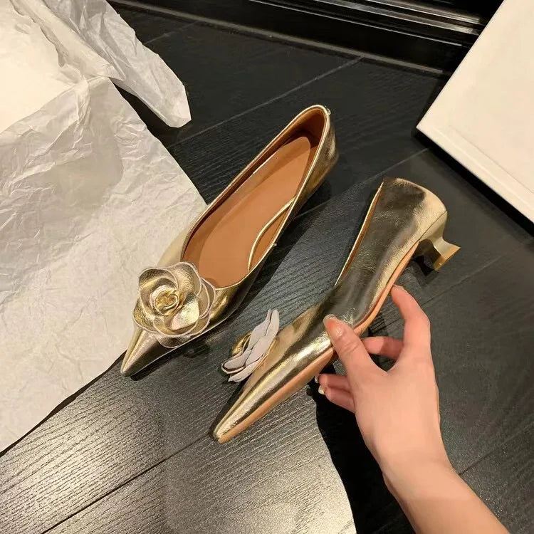 Women Shoes High Heels Loafers Elegant Woman Shoes Low Heels Wedding Bride Pointed Toe Silver Gold Rose Evening Party Shoes - Golden Bridge Store