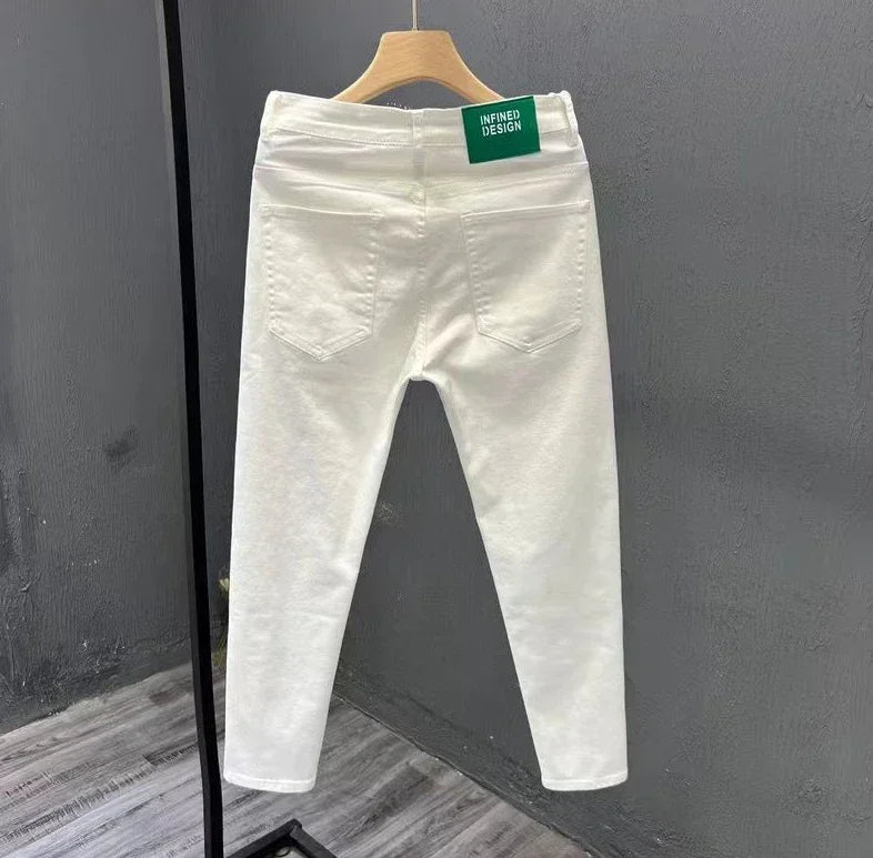 Jeans for Men White High Quality Trousers Slim Fit Tight Pipe Male Cowboy Pants Solid Skinny Stacked 2024 Korean Autumn Buggy Xs