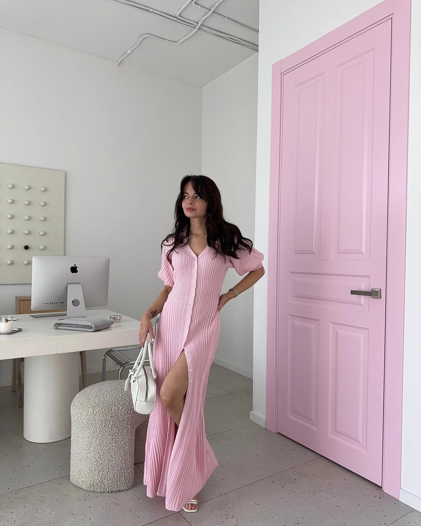 Rochie lungă tricotată Tornova cu mâneci bufante - Mărime universală, Material poliester spandex, Lungime gleznă