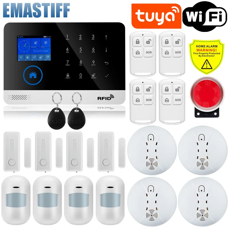 Alarmanlage 2025: Wireless Tuya APP SIM GSM Home RFID Burglar Security - LCD Touch Keyboard WIFI GSM Alarm System Sensor Kit Russian Spanish Voice Collection