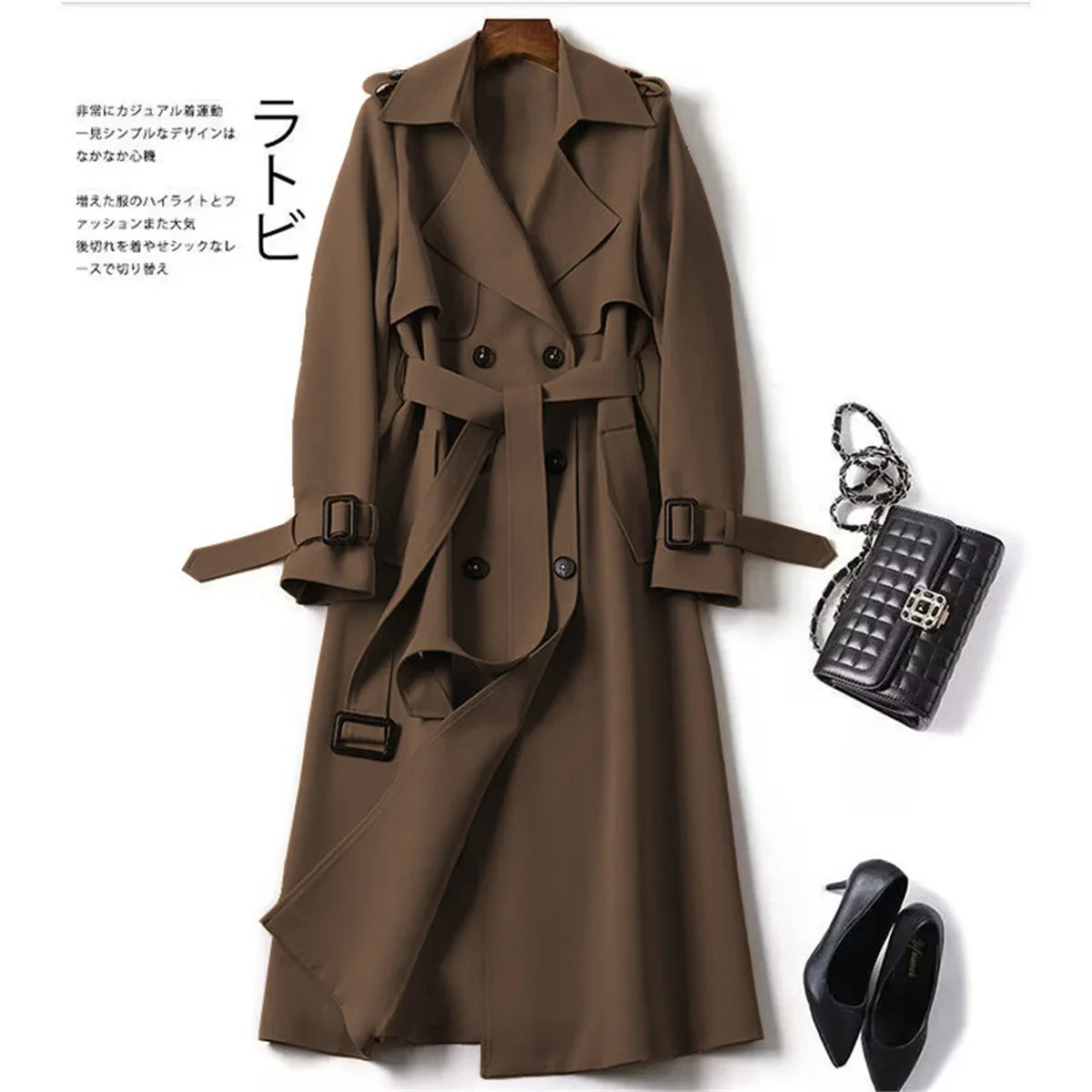 Elegant Women  Fashion British Jackets Autumn Winter Widebreaker Streetwear Midi Coats Casual Office Lady Button Slim Chic Coat