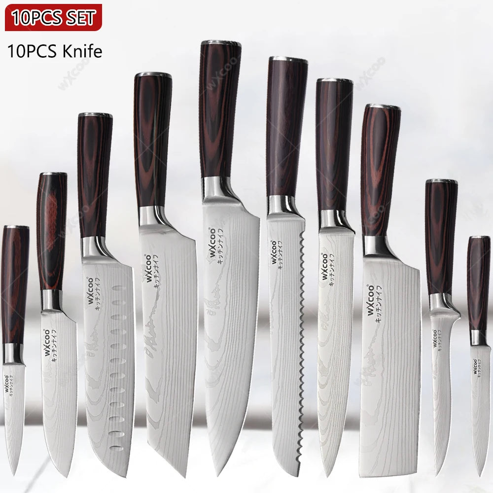 WXCOO Professional Kitchen Chef Knife Damascus Steel Laser Pattern Santoku Knife Double Side Magnetic Kitchen Knife Block