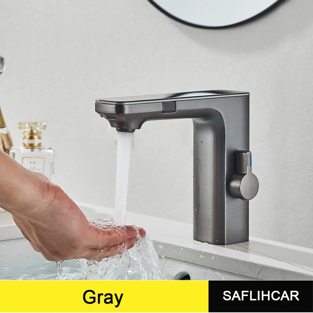 Robinet de baie cu senzor inteligent Daul, alb, cu mixer de apă caldă și rece, montat pe punte, pentru chiuvetă de baie