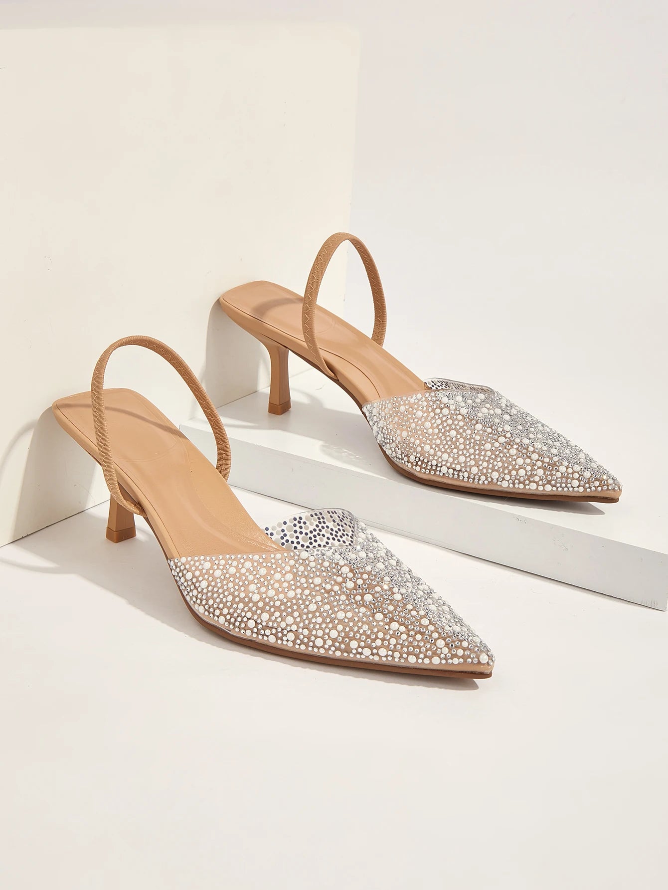 Glamorous Women's Heeled Sandals Translucent Faux Pearls Decor Slingback Stiletto Comfy Lightweight Prom Heels Summer