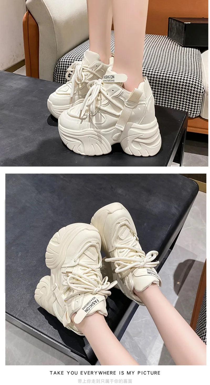 Women Walking Sneakers Autumn Lace-up High Platform Chunky Shoes Breathable Leather Shoes 10.5CM Winter Wedge Heels Casual Shoes