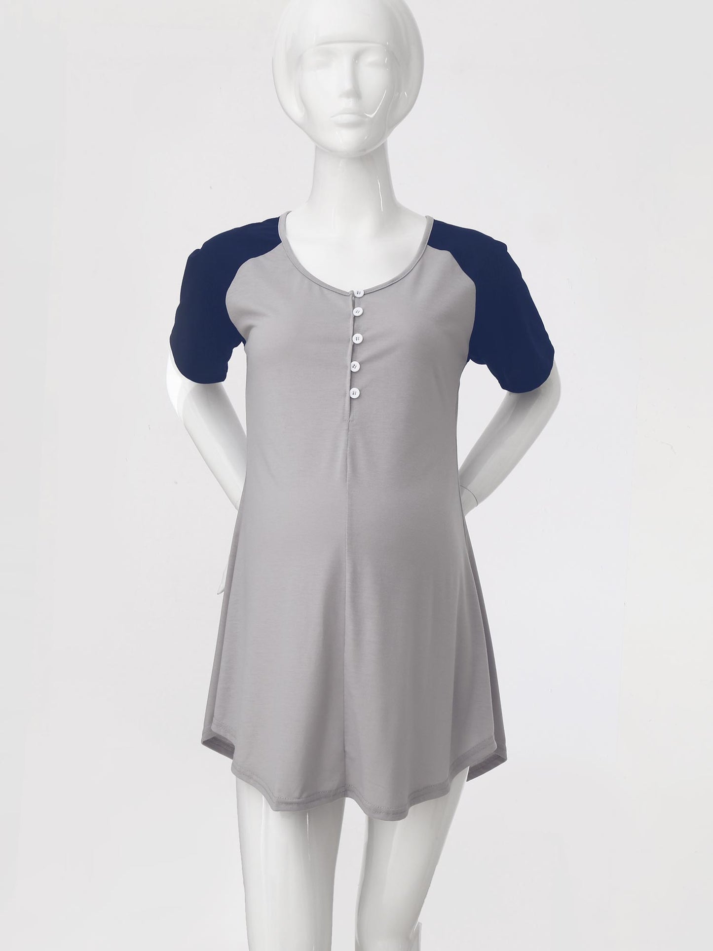 Schwangere Frauen Kurz Ärmel Casual Kleid 2025 - Rund Hals Knopf Verschluss Patchwork - Locker Stillen Kleider Mutterschaft Kostüm