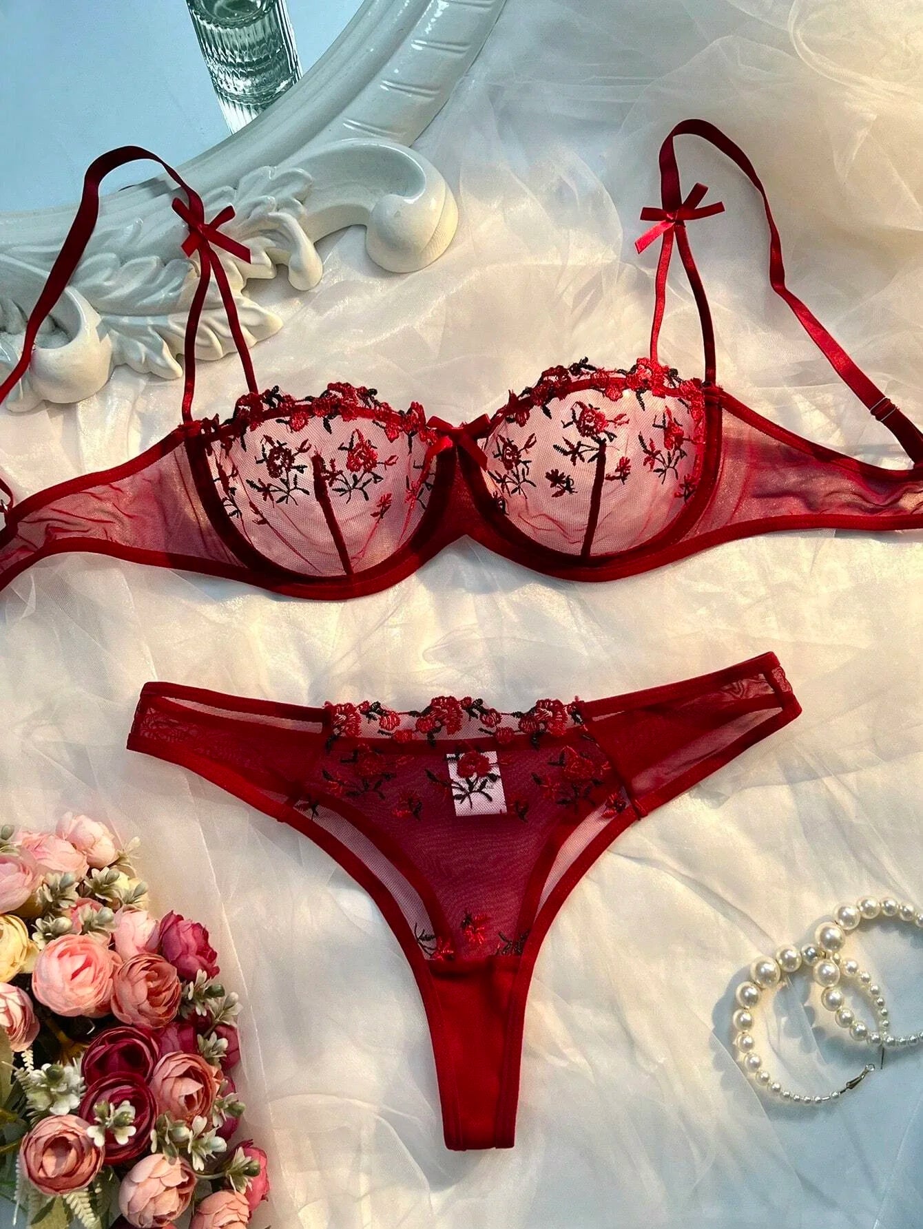 Fashion Embroidery Underwear Transparent Lingerie elegant Floral Lace Short Skin Care Kits Delicate Fairy Set Woman 2 Pieces