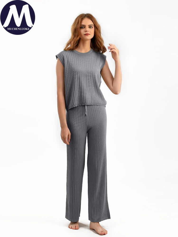 Elegant 2-Piece Sets for Women, Casual Knitting, Sleeveless, O Neck Tops, Loose Lace Up, Wide Leg Pant Set, Summer Fashion, New