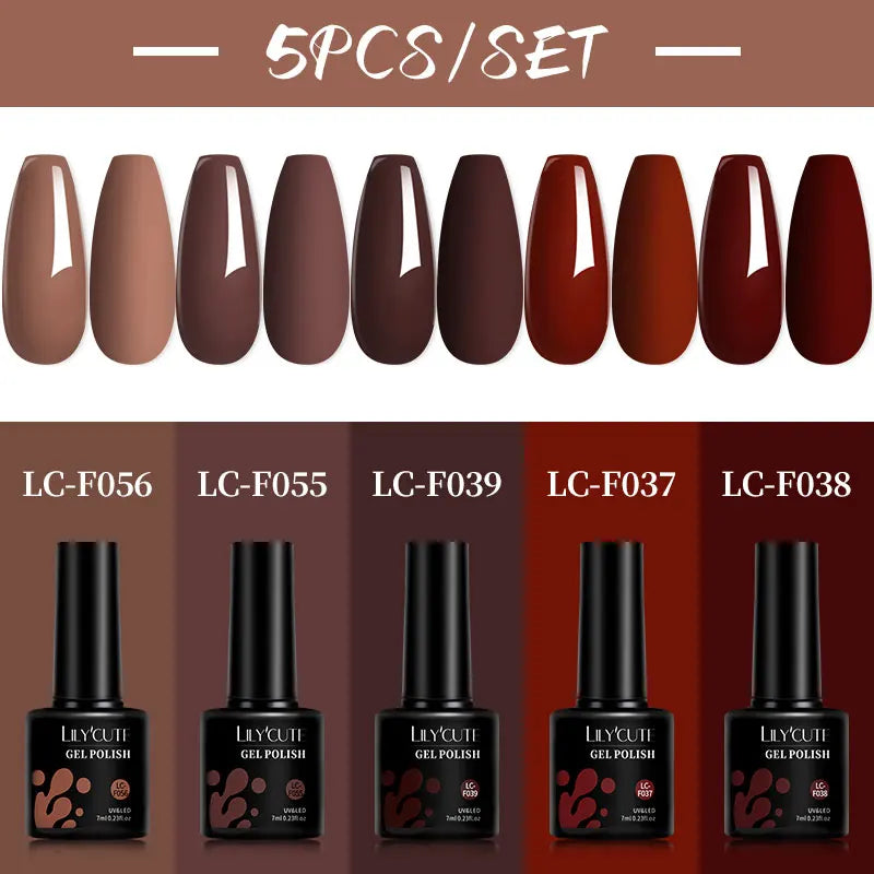LILYCUTE 5Pcs/Set 7ML Red Brown Nail Gel DIY Nail Art Semi Permanent UV Gel Polish Long Lasting Design Manicure Kit Supplies