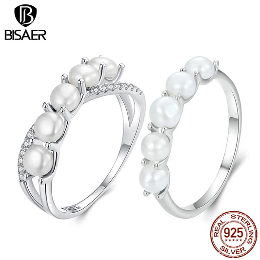 BISAER 925 Sterling Silver Pearl Ring Double Layer White Gold Zircon For Elegant Women Wedding Engagement Original Fine Jewelry