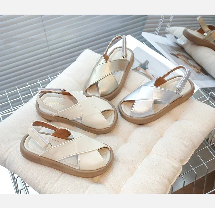 Girls Flats Solid Color Trendy Kids Sandals Hook&loop Adjustable 2025 Summer New Boys Fashion Beach Shoes Hollowed-out Chic