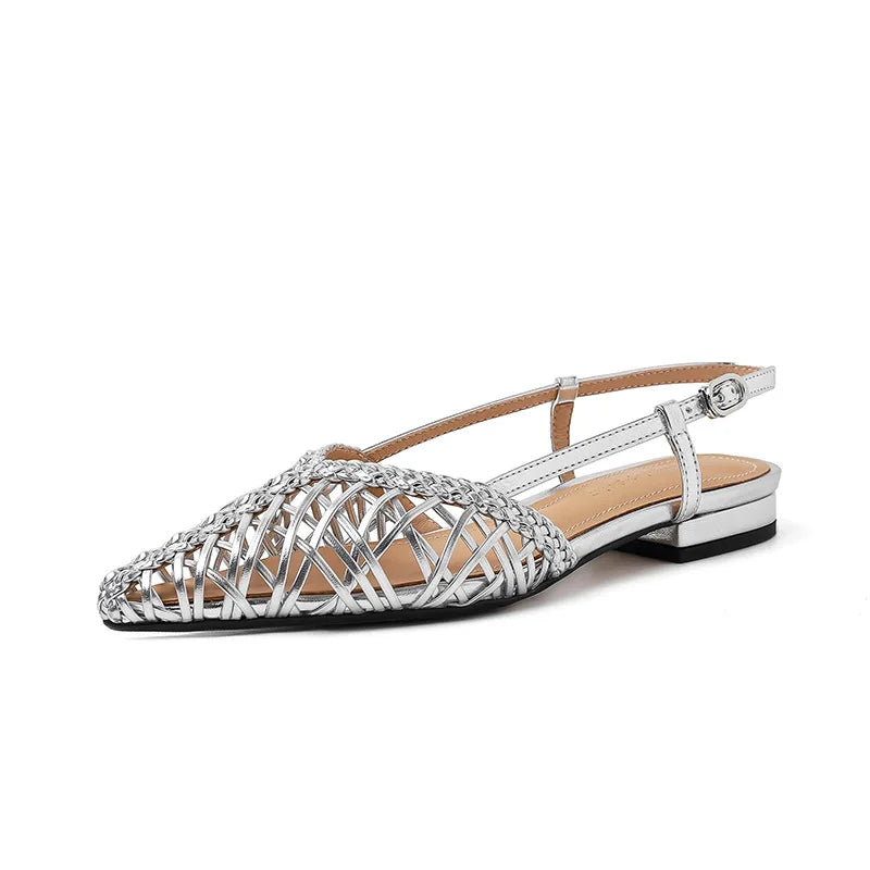 Artistic Hand-woven Thin Belt Sandals Women Summer Pointed Toe Flat Back Strap Hollow Sandals 2025 New Fashion Simple Sandals