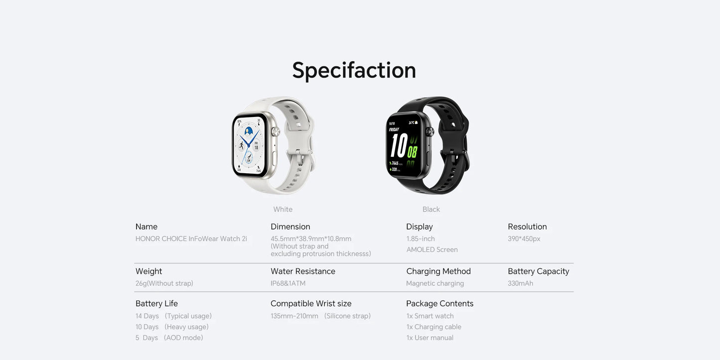 Global Version HONOR CHOICE InFoWear Watch 2i Smartwatch 1.85inches AMOLED Screen All-Day Health Monitoring Bluetooth Call