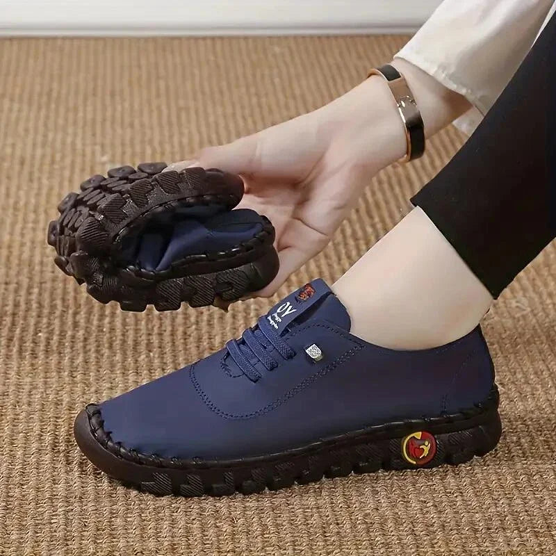 Women's Handmade Flat Sneakers - Comfortable Lace Up Round Toe Faux Leather Casual Walking Shoes flat shoes women