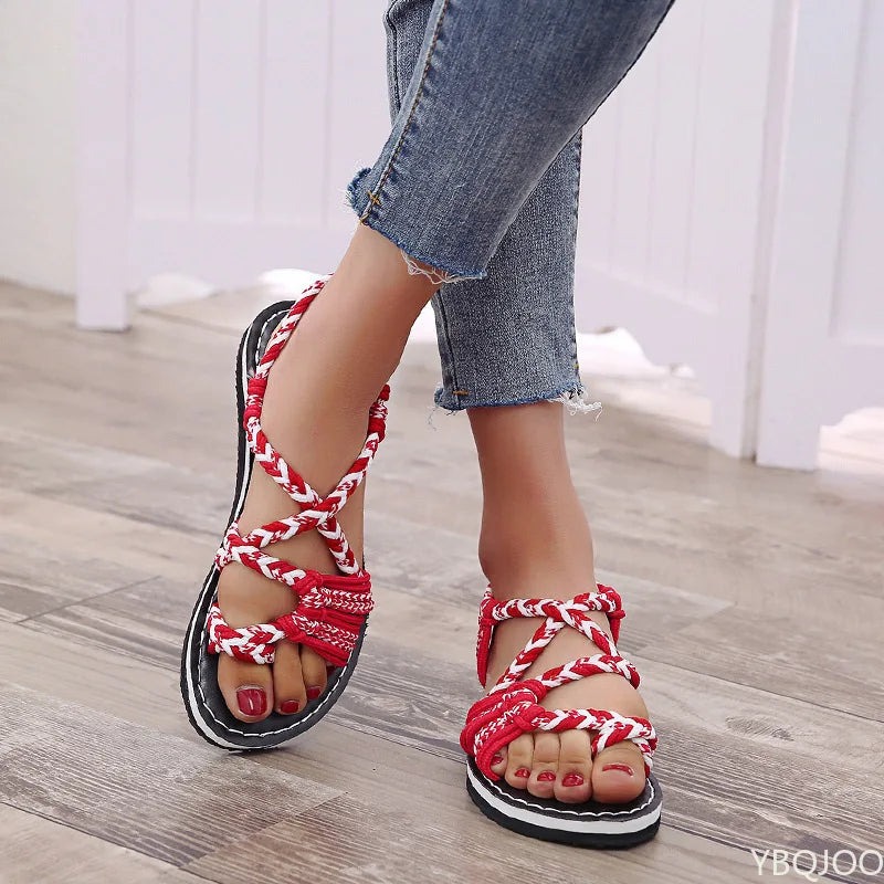 Women Sandals Summer Closed Toe Flat Romen Sandals Women Mixed Colors Rope Knot Sandals Women Casual Beach Sandals Plus Size