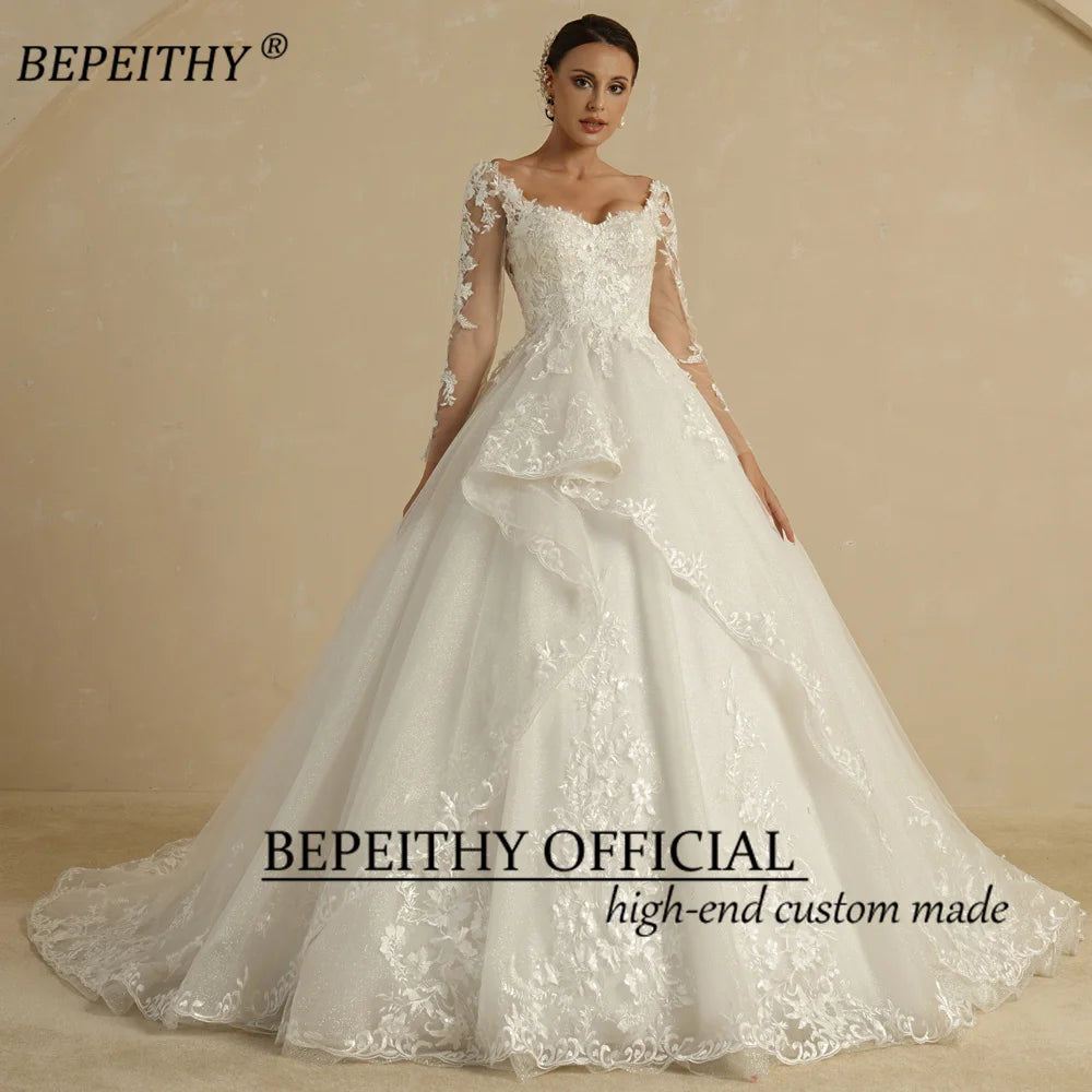 BEPEITHYCustomized Glitter Ball Gown Hochzeitskleid Full Sleeves For Women Bride 2022 Sweetheart Ruffle Skirt Shinny Bridal Dress