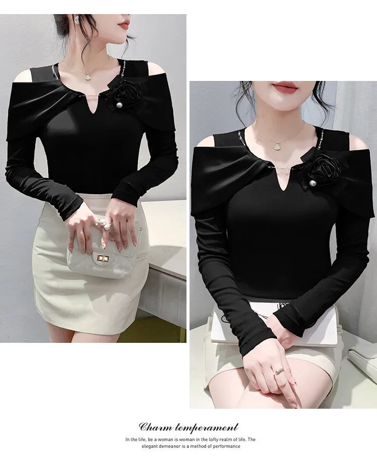 Women T-shirt Fashion T Shirt Cotton Slim Tee For Ladies Autumn Clothing New Long Sleeve Beading V-Neck Tops