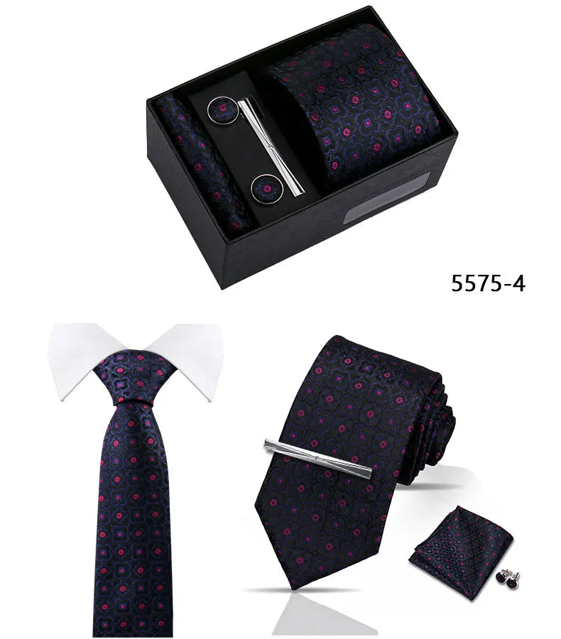 Elegant Men's Suit Necktie Gift Box Set Floral Tie Handchief Cufflinks Tie Clip 4-Piece Business Wedding Party Suit Accessories