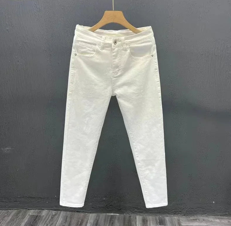 Jeans for Men White High Quality Trousers Slim Fit Tight Pipe Male Cowboy Pants Solid Skinny Stacked 2024 Korean Autumn Buggy Xs