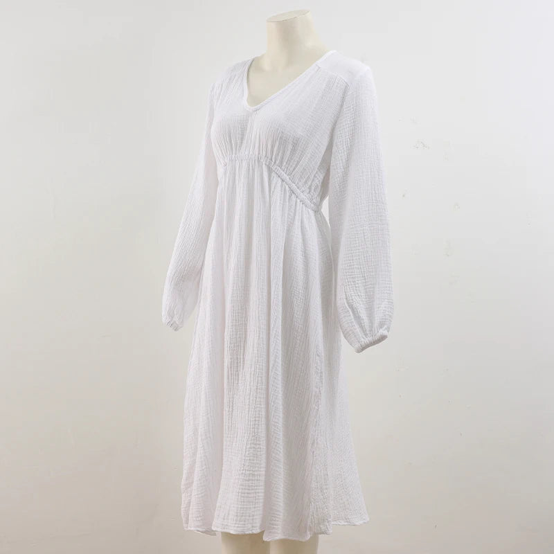 Elegant Dresses For Women 100% Cotton Muslin Long Sleeve V-neck Casual Party Holiday Beach White Black Robes Vestidos de Mujer