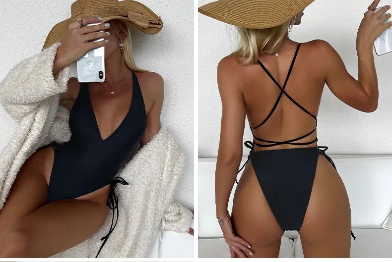 Badeanzug 2025: TOKITIND Solid Lace Up Badeanzug Damen Sexy Swimsuit Swimwear - Push Up Damen Bathing Suit Beachwear Female Bodysuit