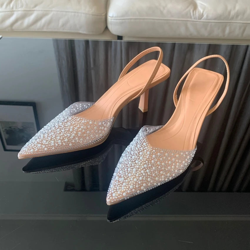 Slingback Artificial Pearl Decorated Women Pumps Wedding Shoes elegant High heels Sandals Elegant Summer Party Bridal Shoes Woman