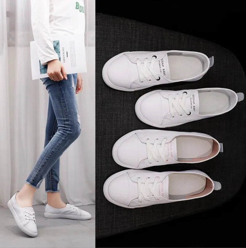 Women's Genuine Leather Sneakers Women Casual Fashionable Sports Shoes Vulcanized Woman Summer Flat Shoe Ladies White Lacing 42