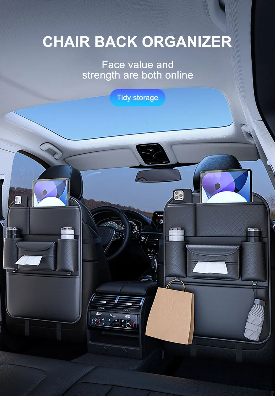 SEAMETAL Auto Sitzrücken Aufbewahrungstasche Multi-funktional Auto Getränk Handy Halter Tissue Tasche PU Leder Auto Organizer Tasche Zubehör