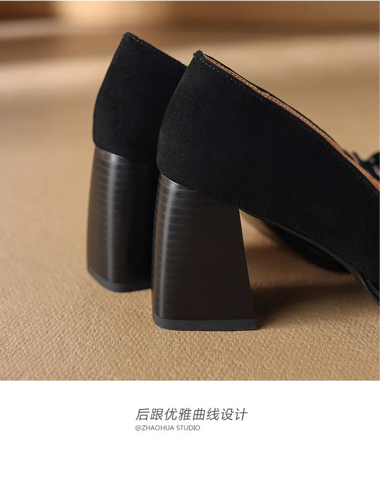 Women Shoes  Spring Retro High Heels Butterfly Knot Square Heel Faux Suede Commuting Elegant 6-8cm Pumps Tacones Para Mujer