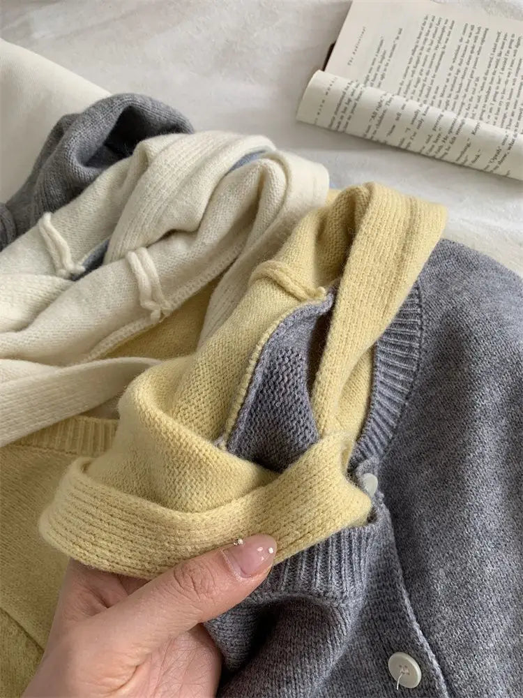 Cardigan tricotat cu glugă, stil coreean, Pateekate - Mărime M, Material poliester/vâscoză/spandex, Croială lejeră