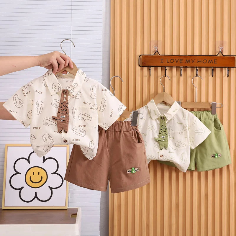 Children Clothes Sets Kids Sport Boys Causal Full Printe Crocodile Shirt Shorts with Tie 2Pcs Infant Baby Tracksuits 0-5 Ages