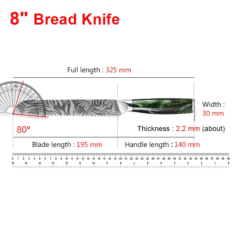Super Sharp Damascus Pattern Kitchen Knife Set High Quality Chef Santoku Boning Paring Knife Series Green Resin Handle Nice Gift