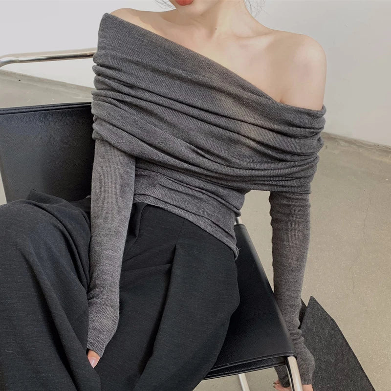 Elegant Fashion Off Shoulder Women Blouse New Pile Collar Knitted Shirt Ladies Office Casual Undershirt Gray Tops Mujer Blusas