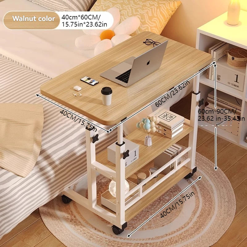 Three-layer Multifunctional Folding Desk with Wheels, Adjustable Height and Storage Shelves,Suitable for Bedroom, Outdoor Office
