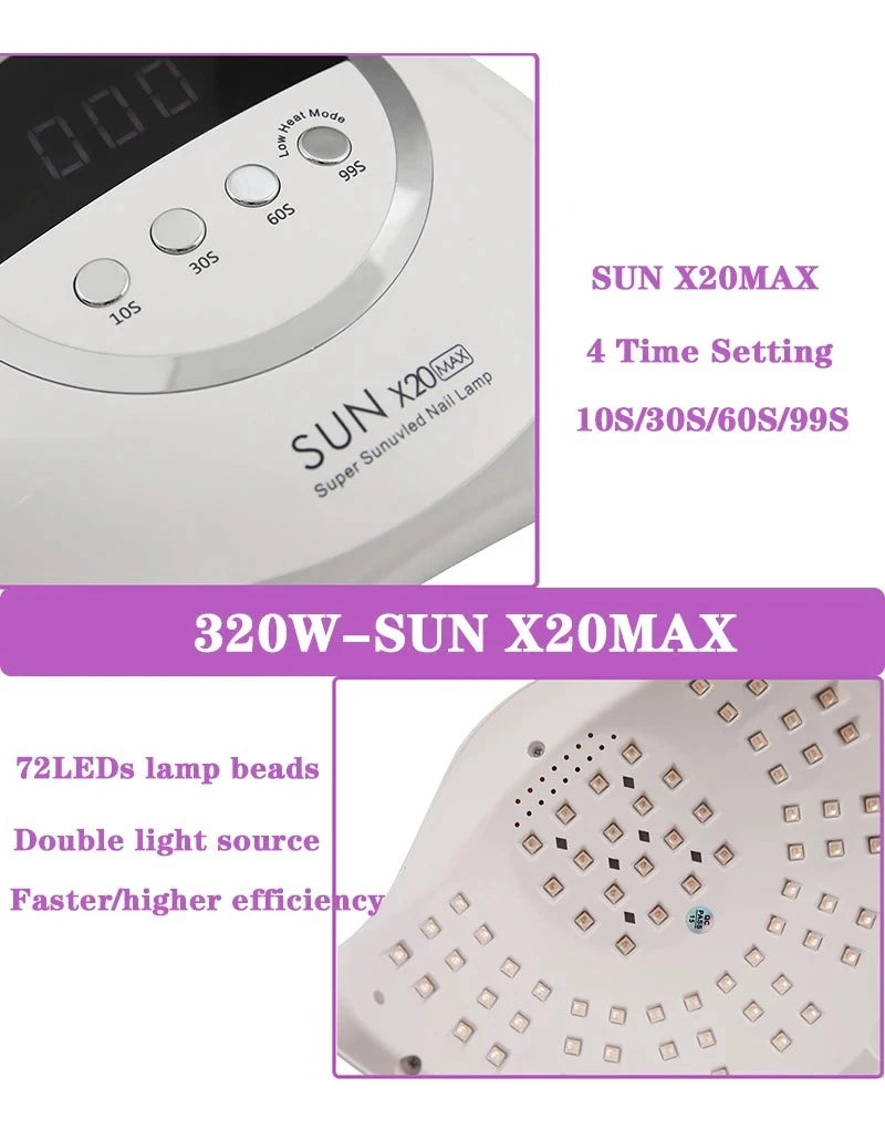 High Power Quick Drying Phototherapy Machine UV Nail Baking Lamp 320W SUN X20MAX 72 LEDs UV Nail Gel Polish Curing Manicure Lamp