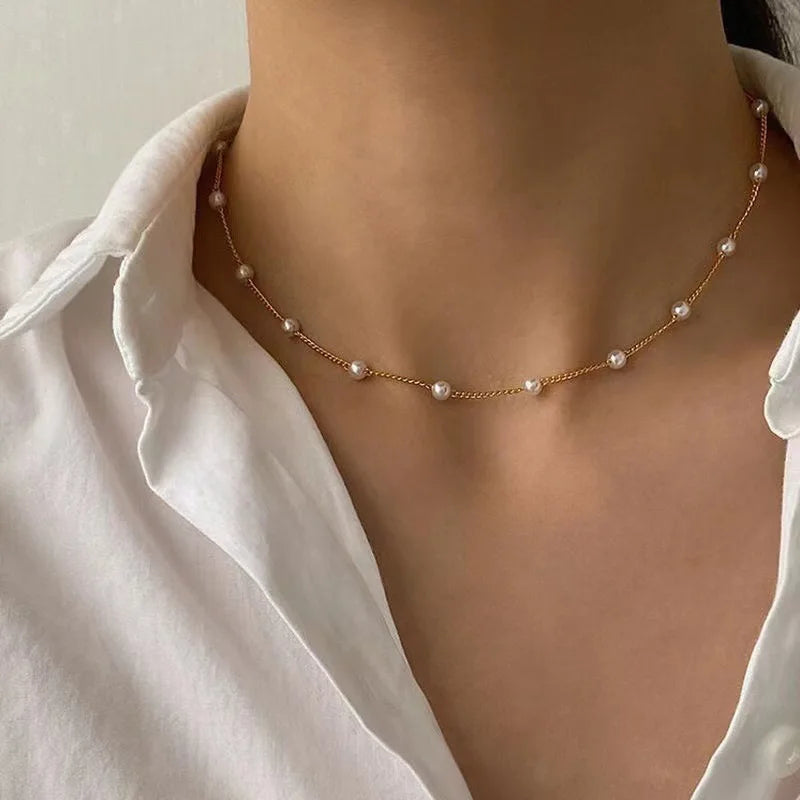 K-Pop-Choker 2025: Pearl-Beads Gold-Color - Goth Jewelry Collection